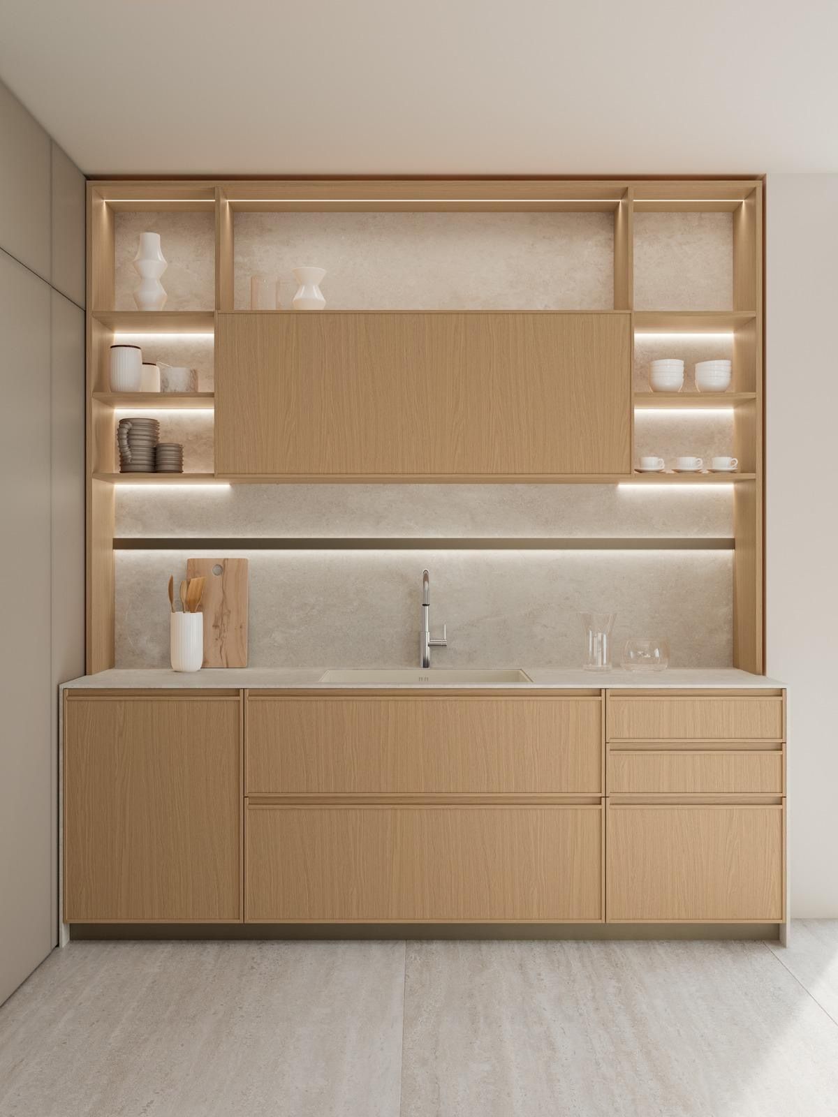 Cuisine en chêne clair et niches rétroéclairées