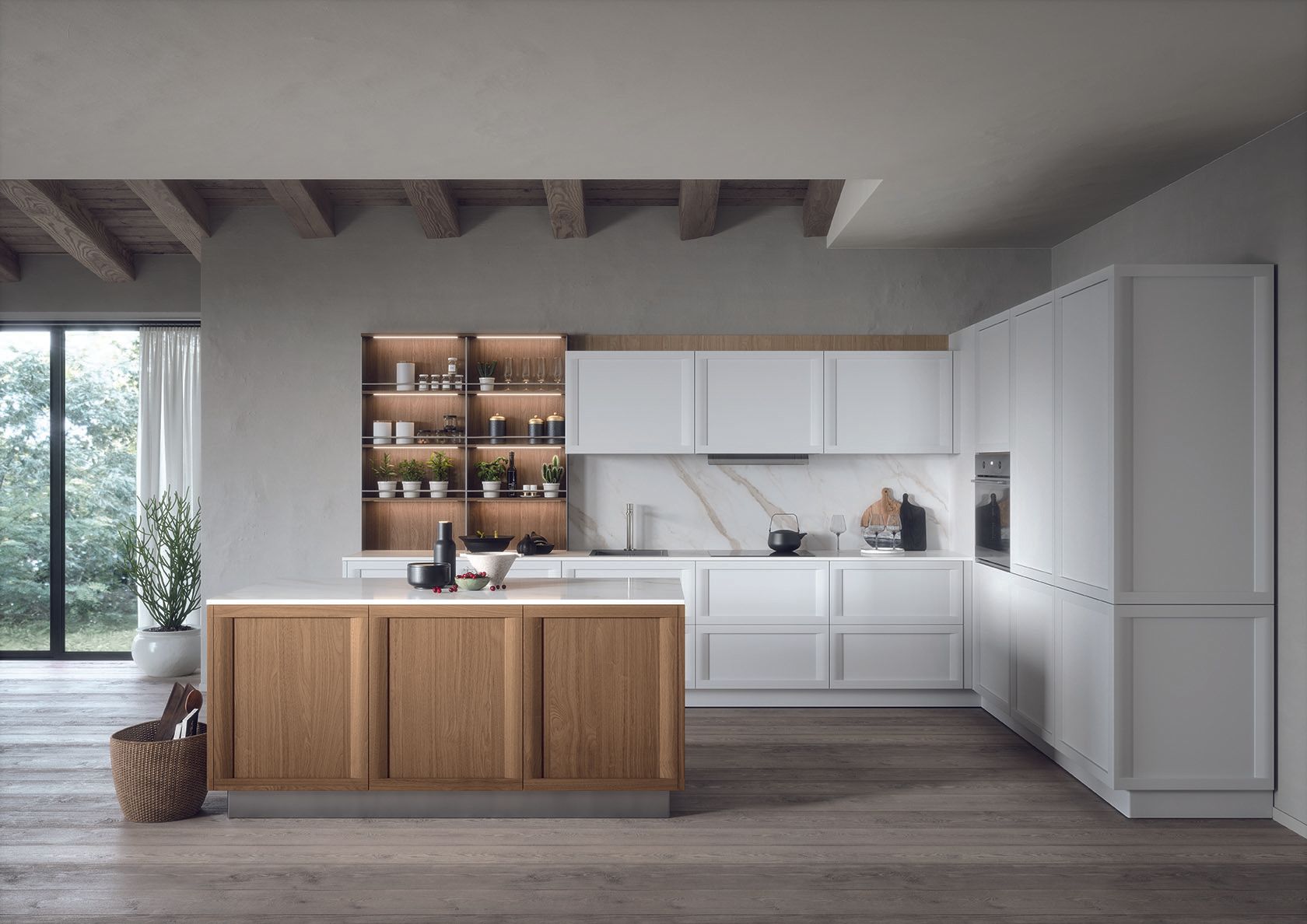 Cuisine gris pierre et bois noyer