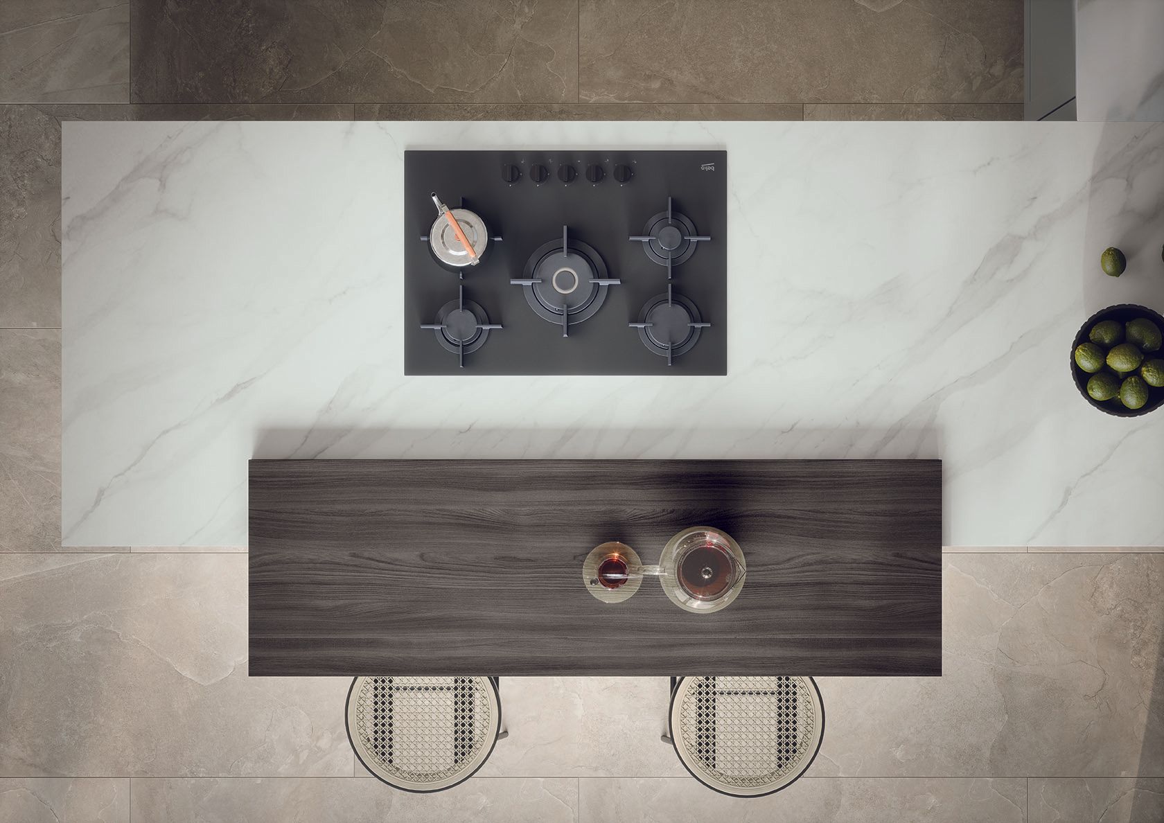 Détail de plan Calacatta et étagère rétroéclairée